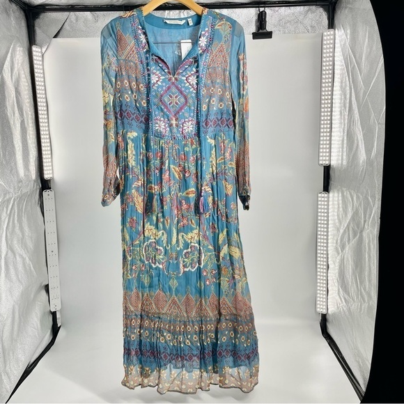 NWT Soft Surroundings Blue Mirapani Chiffon Boho Embroidered Maxi Boho Dress - Picture 7 of 11